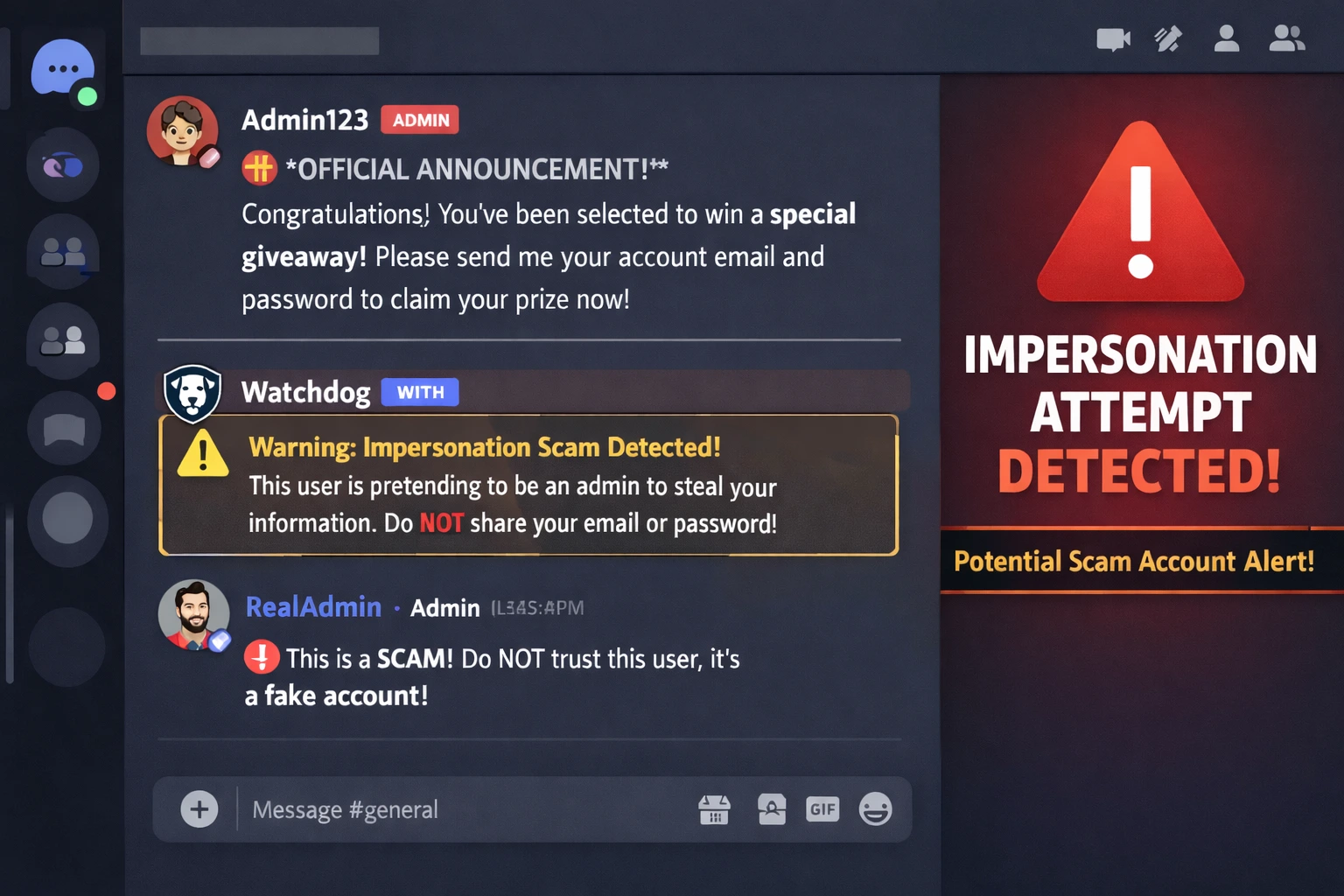 A Discord-style chat interface showing a fake administrator account attempting to scam users while an AI moderation system flags the impersonation attempt.
