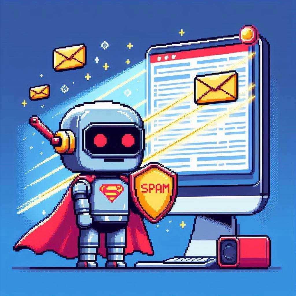 Illustration of AI-powered content moderation, featuring a chatbot blocking spam messages.