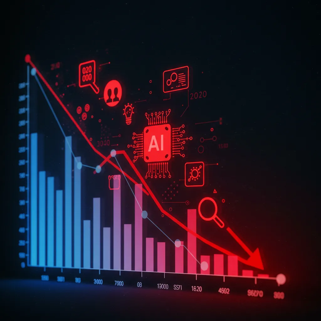 A declining search traffic graph overlaid with AI-generated search results.