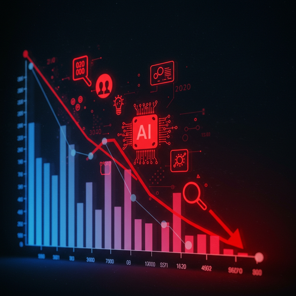 A declining search traffic graph overlaid with AI-generated search results.