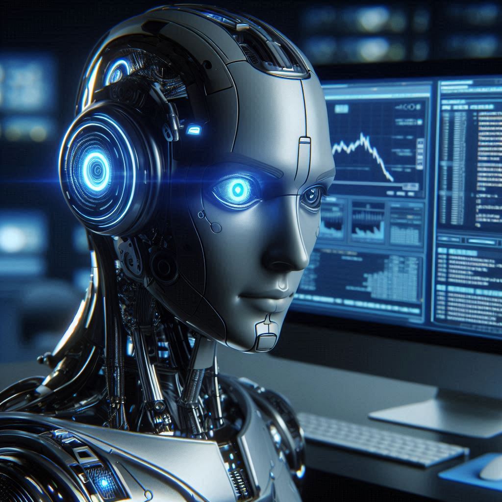 A futuristic AI content moderator gazing at some chat messages